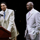 In this March 12, 2011, file photo, former Chicago Bull Scottie Pippen, left, addresses the crowd as Michael Jordan and teammates from their 1990-91 season celebrate the 20th anniversary of the Bulls’ first NBA championship, during halftime of an NBA game against the Bulls and Utah Jazz in Chicago. Pippen says he’s talked with Jordan since “The Last Dance” documentary aired in the spring and downplayed any rift between the retired Bulls stars.